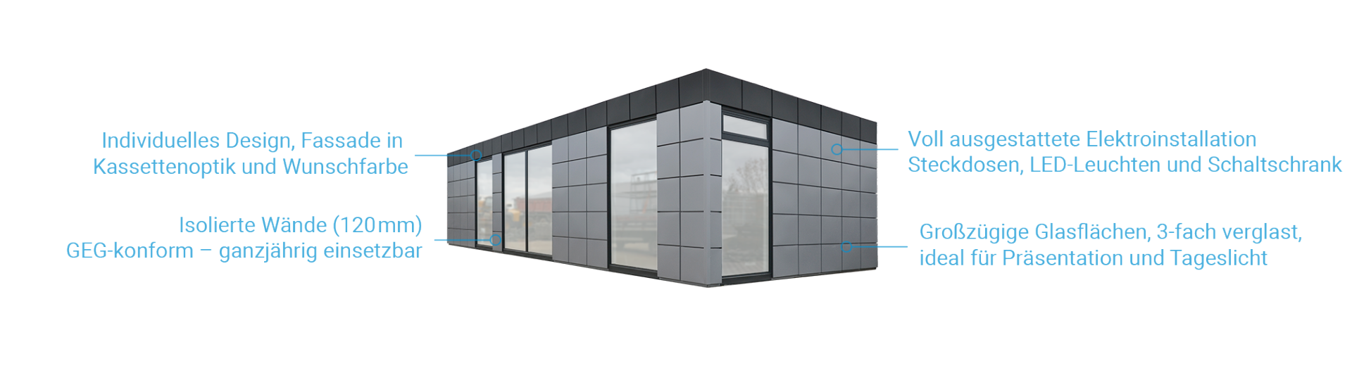 Mehrgeschossige Containeranlage mit isolierten Wänden und Glasfront mit technischer Beschreibung      