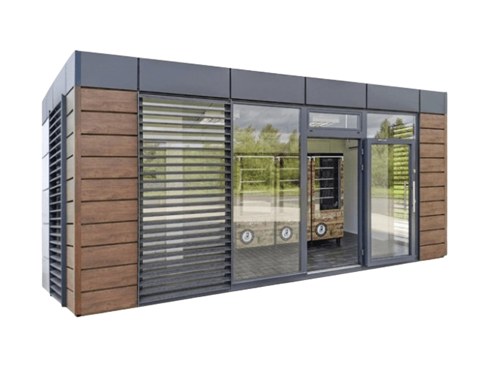 Freigestellter Hofladencontainer mit Glasfront und Holzfassade      