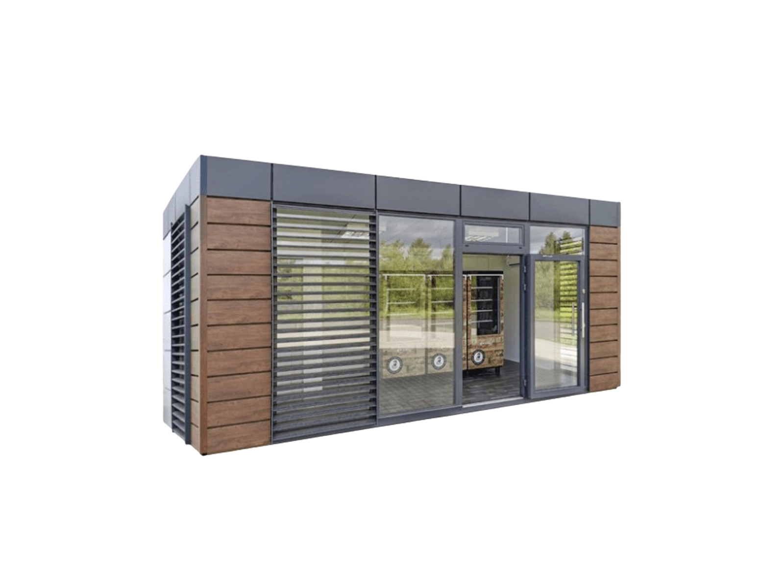 Freigestellter Hofladencontainer mit Glasfront und Holzverkleidung      