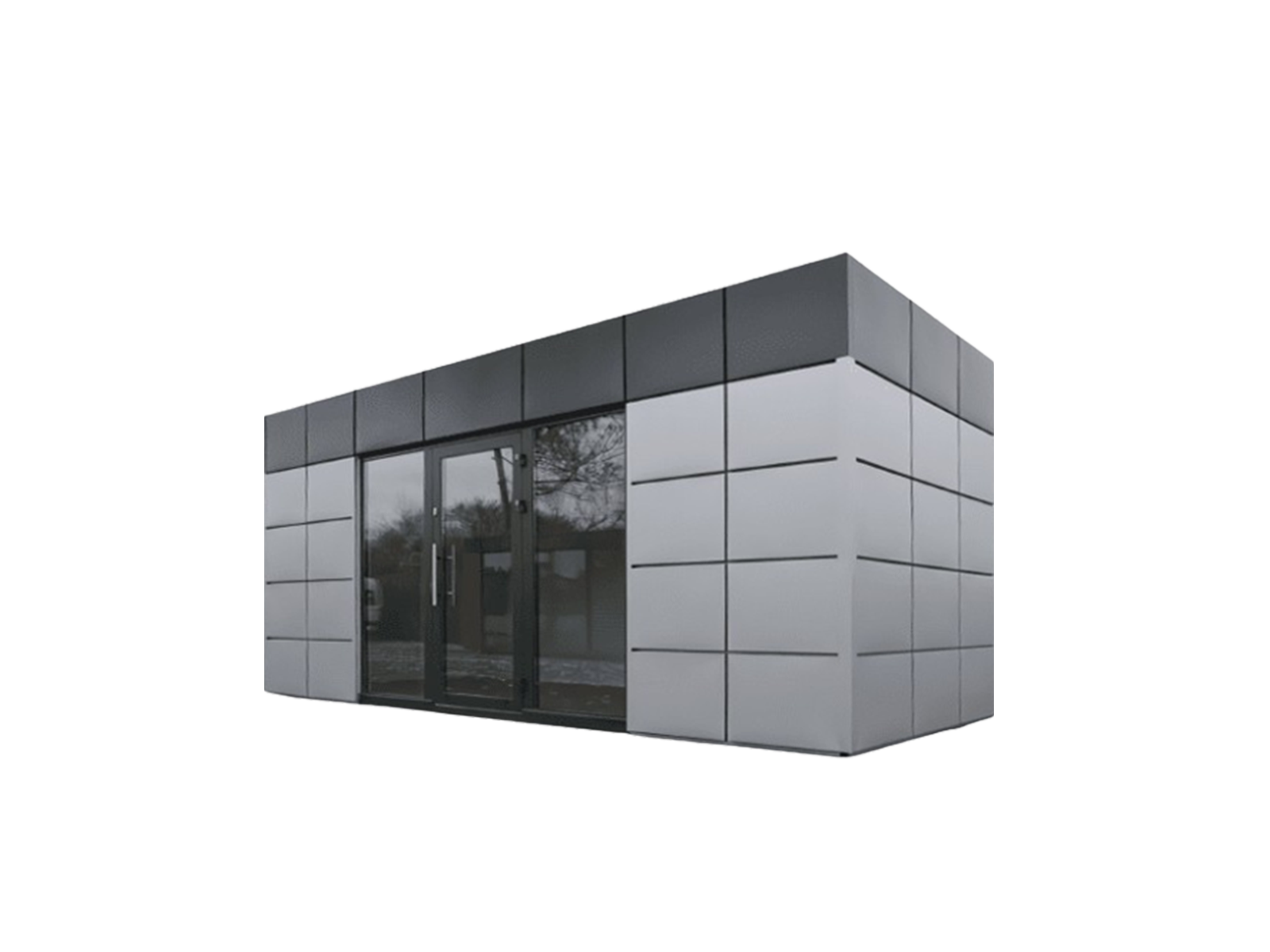 Freigestellter Verkaufscontainer mit Glasfront und Metallverkleidung      
