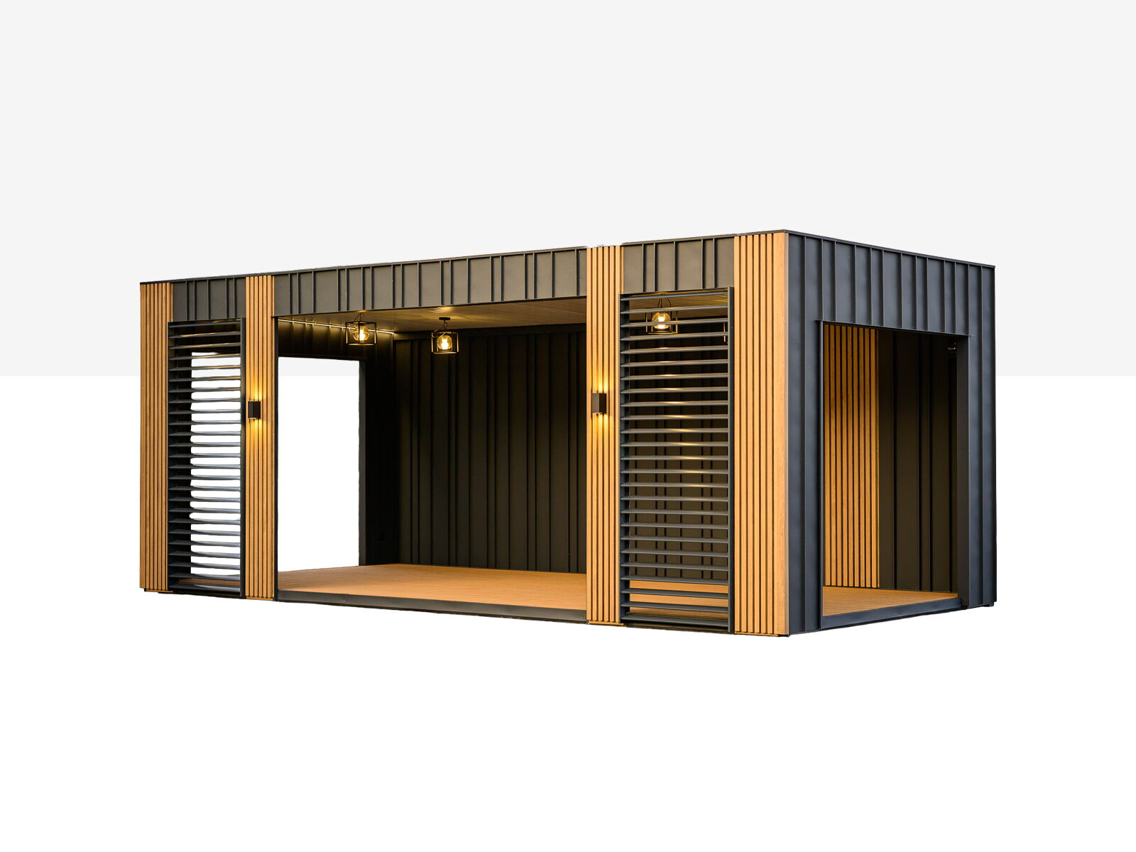 Moderner Container mit Holzverkleidung, Lamellenelementen und integrierter Beleuchtung
