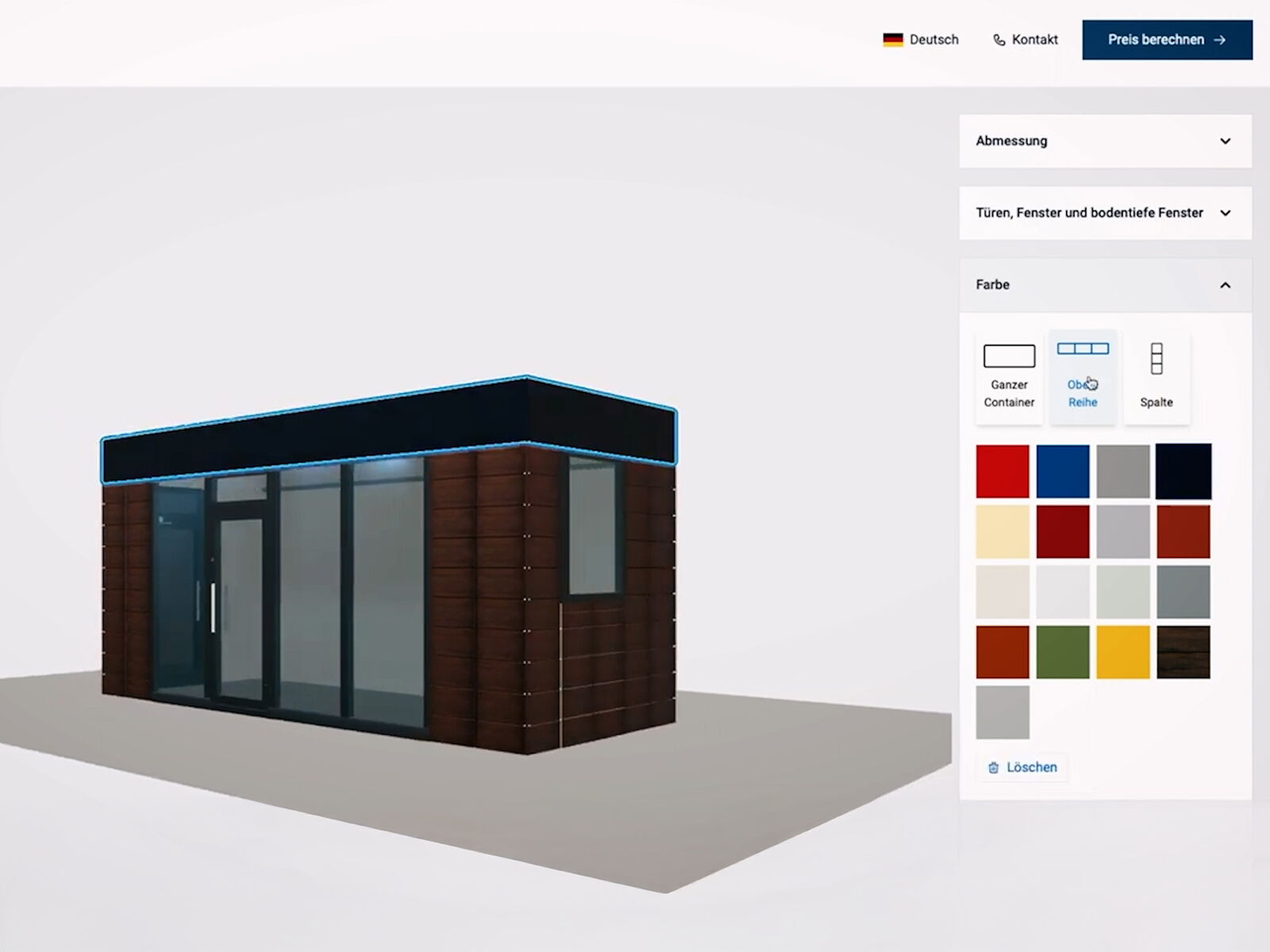 Online-Konfigurator für Bürocontainer mit Auswahl von Abmessungen, Fenstern und Fassadenfarben