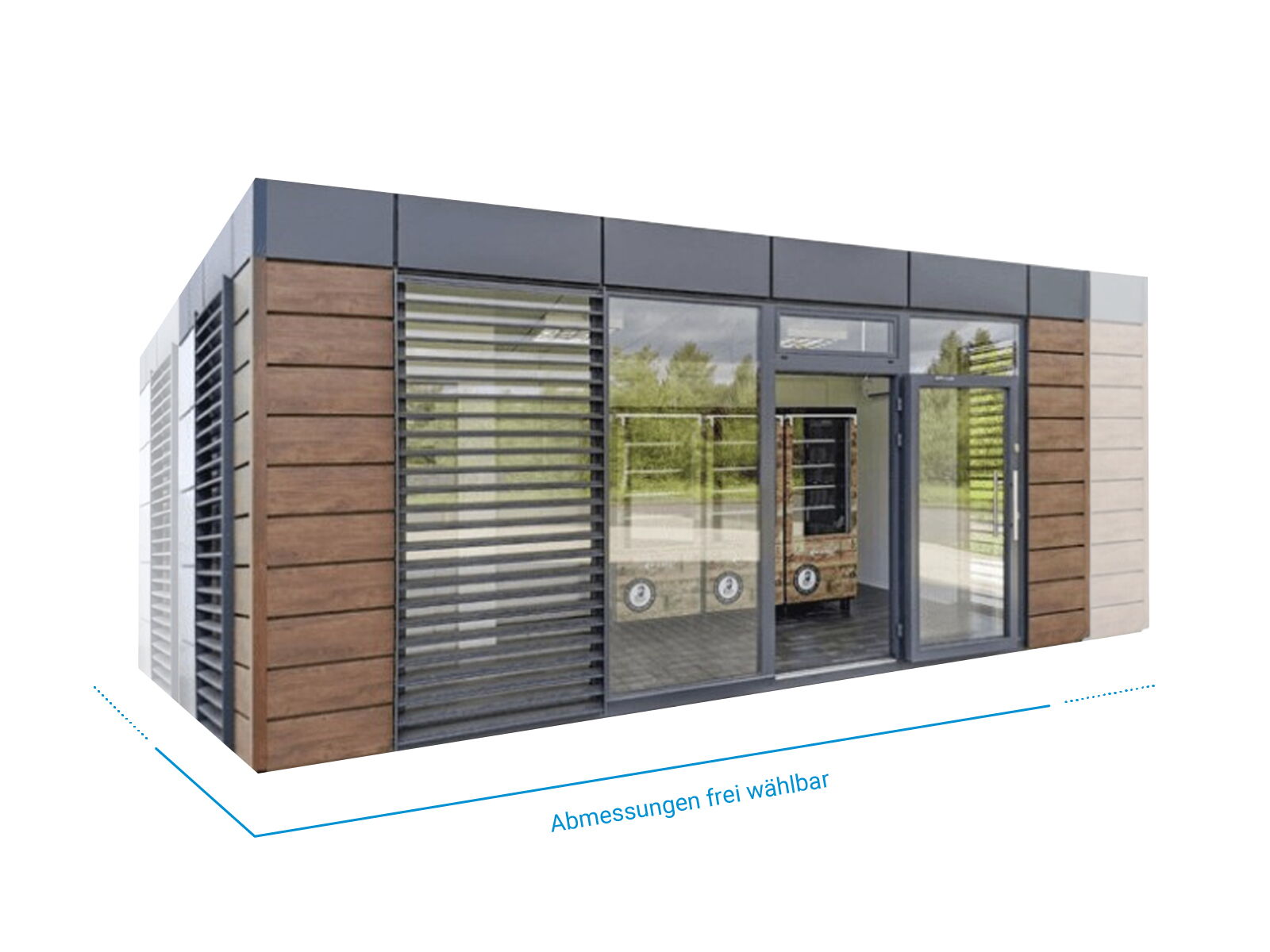 Hofladencontainer mit Glasfront, Holzverkleidung und frei wählbaren Abmessungen      