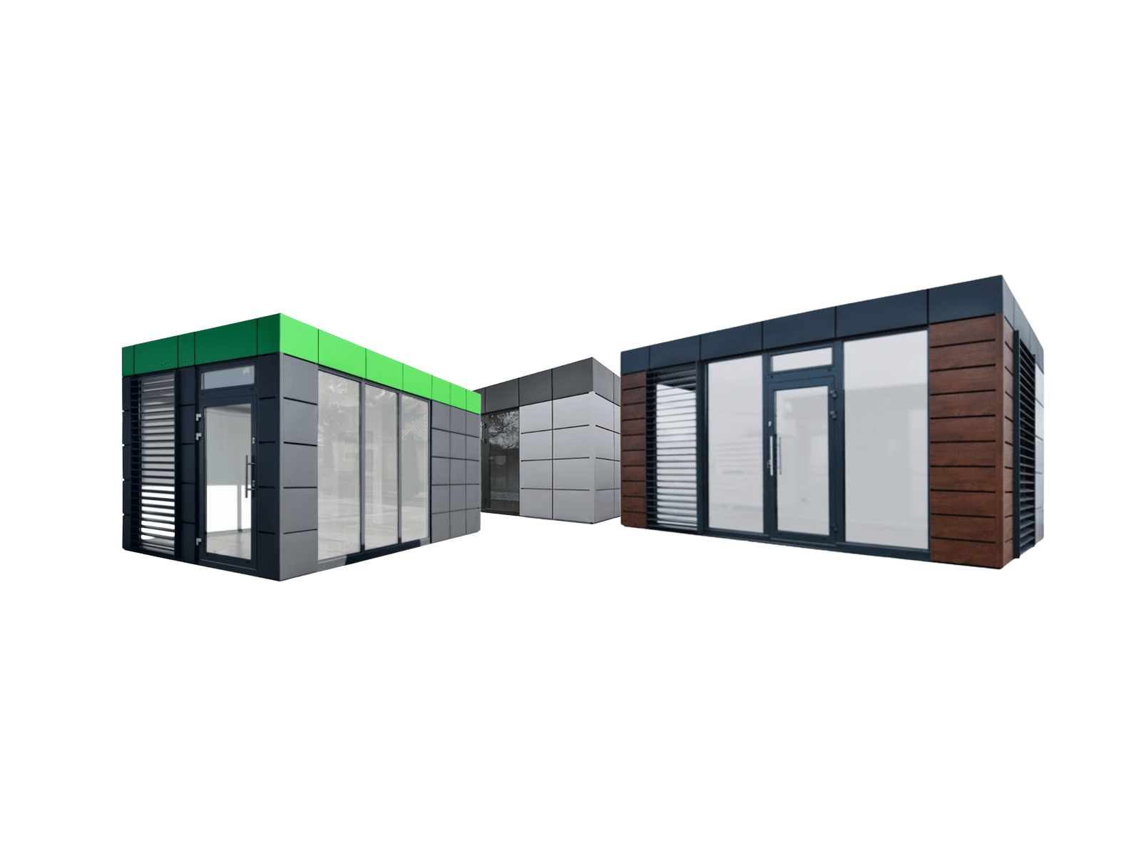 Drei moderne Container mit unterschiedlichen Fassadendesigns aus Metall, Holz und Glas