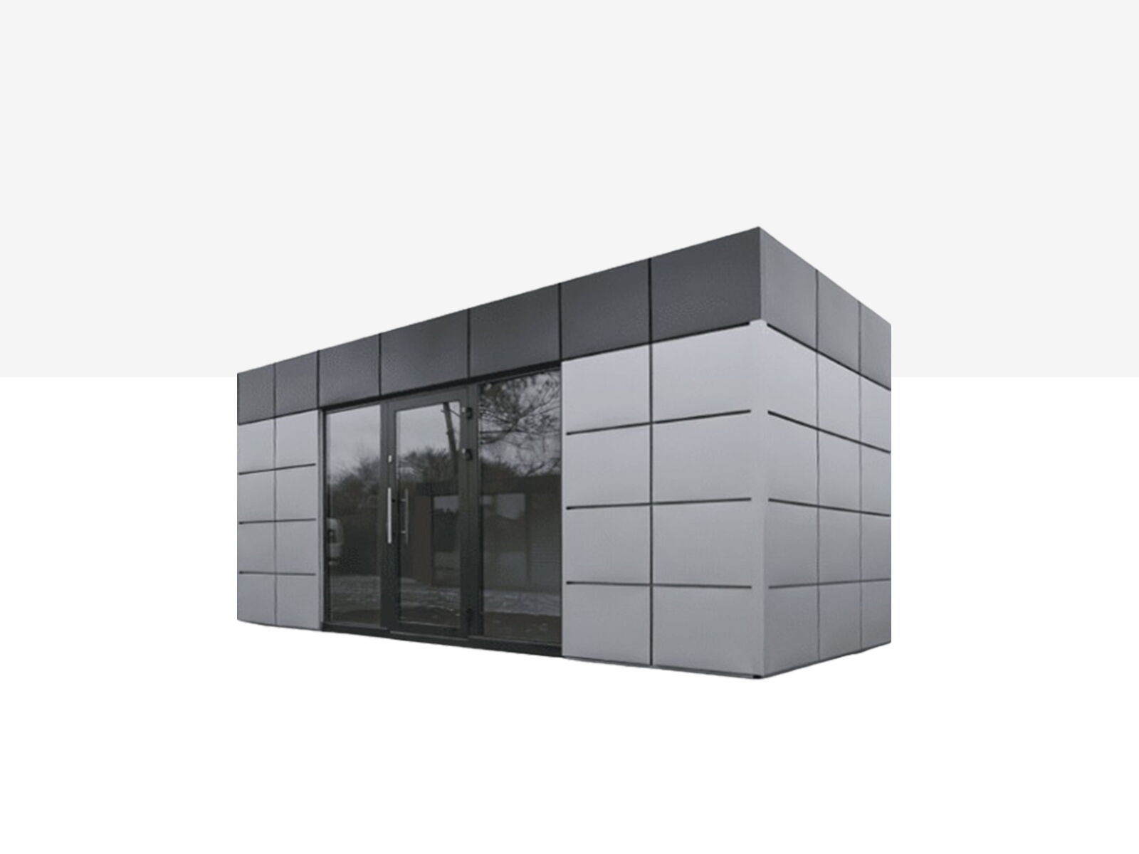 Moderner Verkaufscontainer mit grauer Fassadenverkleidung und Glasdoppeltür