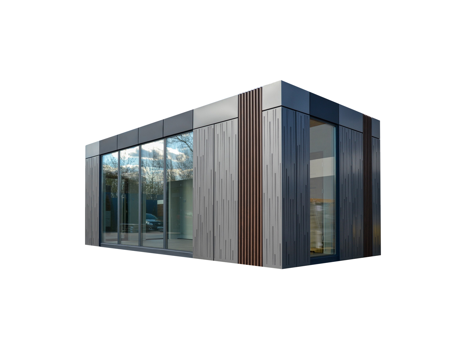 Moderner Bürocontainer mit großflächiger Glasfront und grauer Metallfassade mit vertikalen Designelementen
