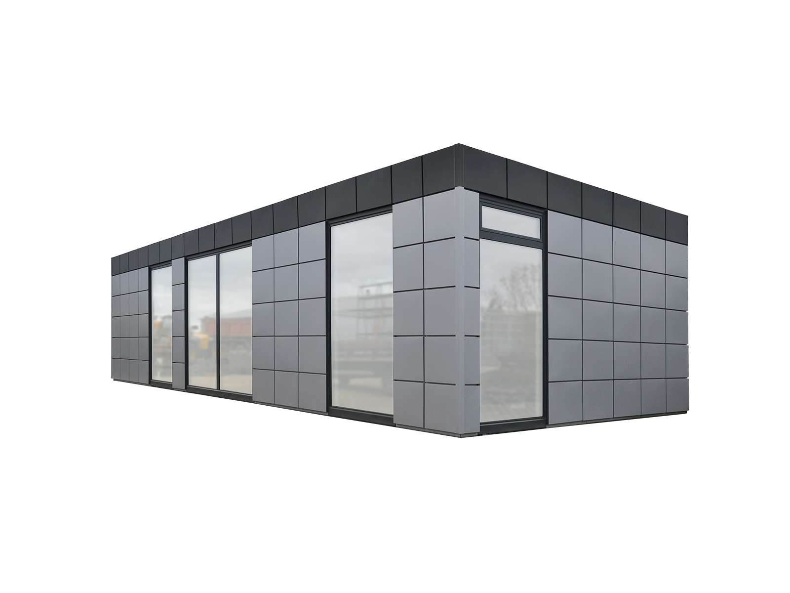 Freigestellte mehrteilige Containeranlage mit kombinierter Fassade      