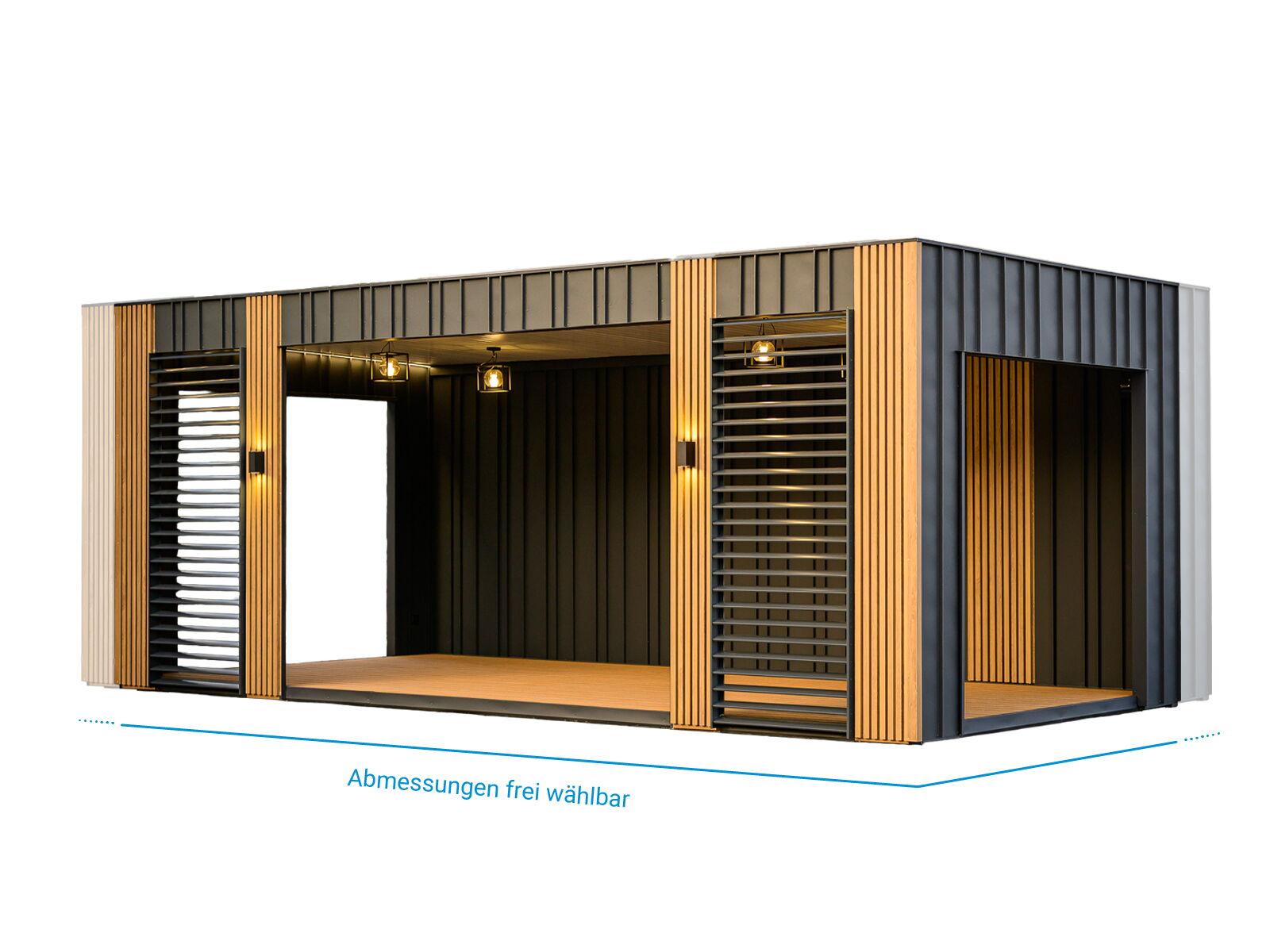 Pergola-Container mit frei wählbaren Abmessungen, Holzlamellen-Fassade und integrierter Beleuchtung      