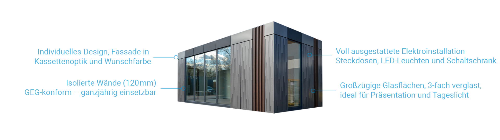Bürocontainer mit 120 mm isolierten Wänden und technischer Beschreibung
