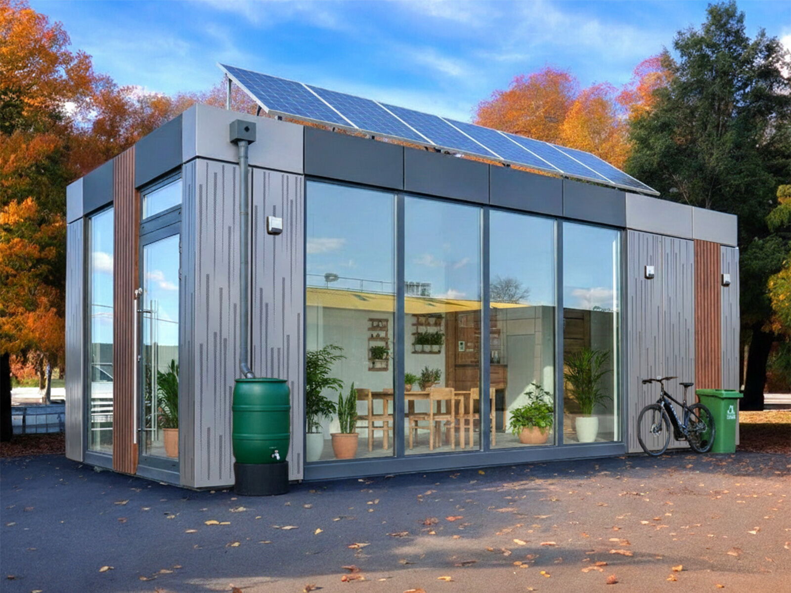 Nachhaltiger Wohncontainer mit Solaranlage und großer Glasfront