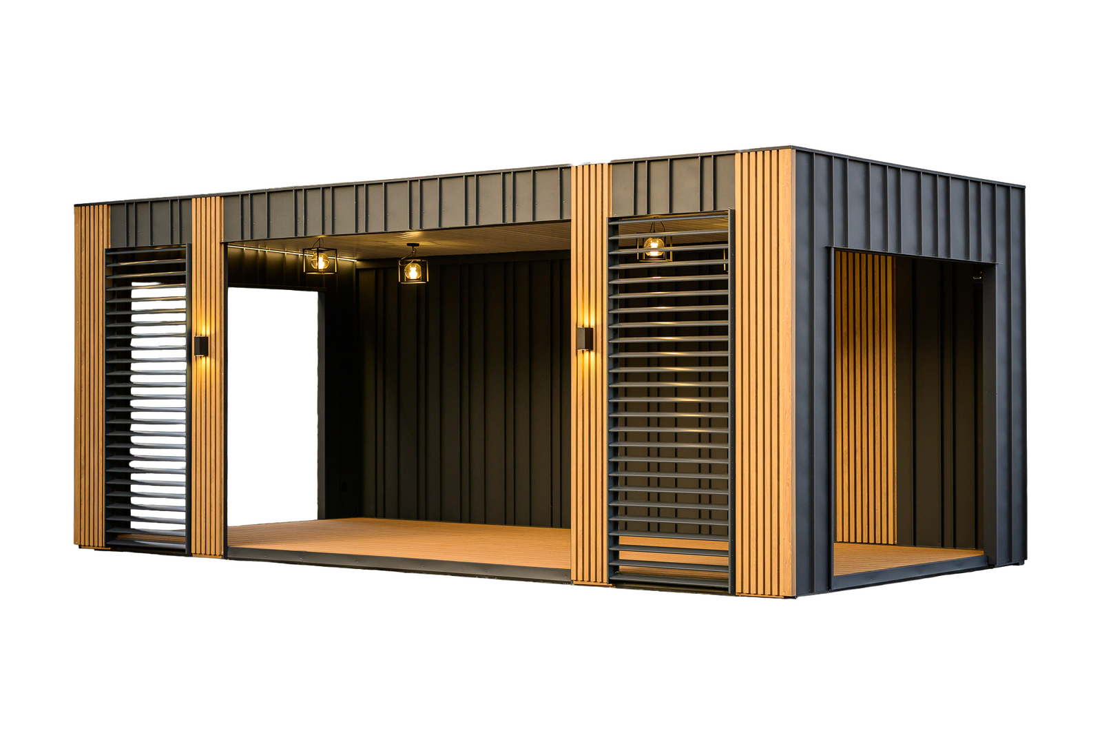 Moderner Pergola-Container mit Holzlamellen, großen Öffnungen und integrierter Deckenbeleuchtung      