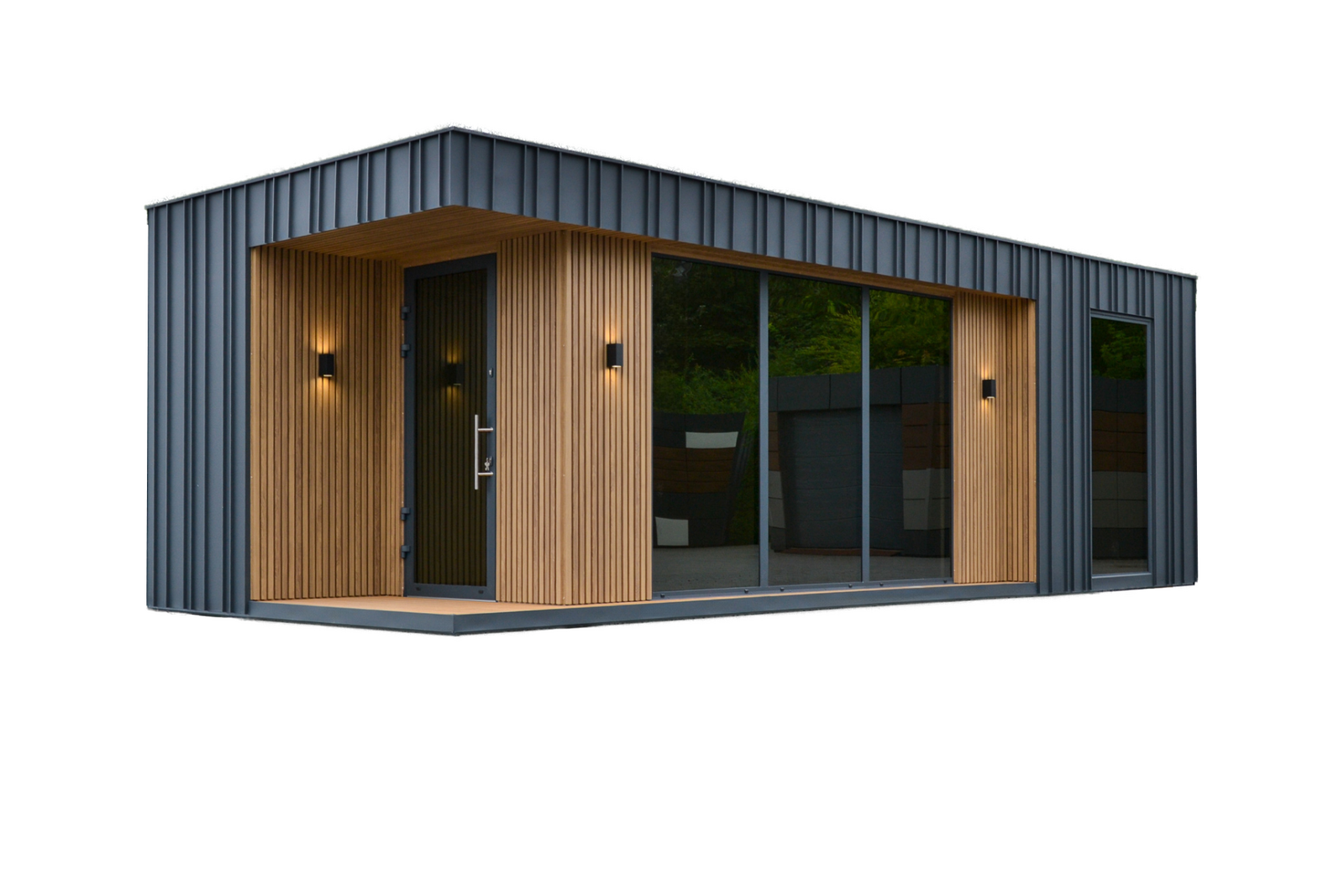 Moderner Wohncontainer mit Holzlamellen, Metallverkleidung und großer Glasfront