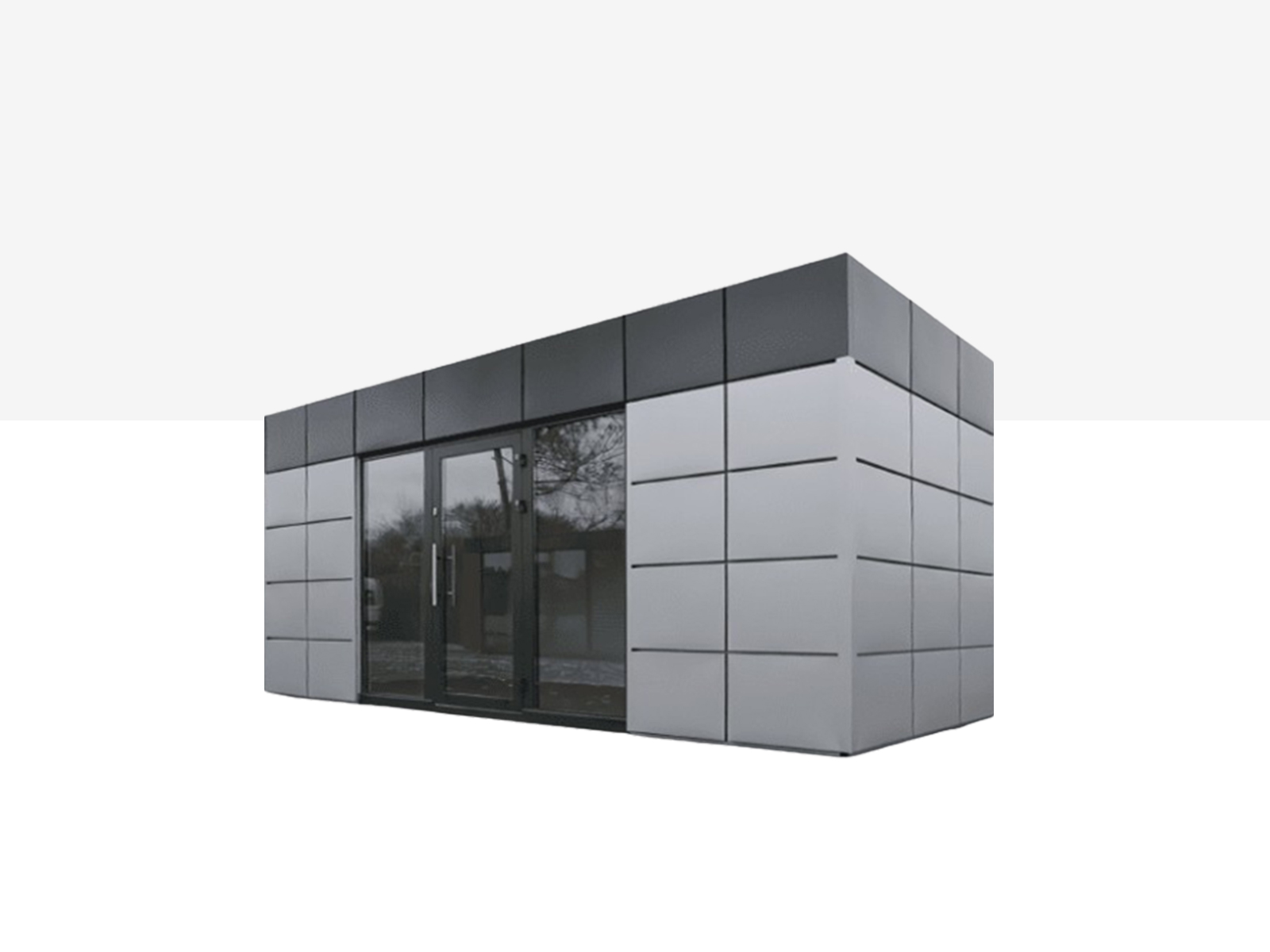 Moderner Verkaufscontainer mit grauer Fassadenverkleidung und Glasdoppeltür