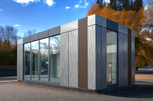 Verkaufscontainer mit moderner Aluminiumfassade, großer Glasfront und vertikaler Holzstruktur im herbstlichen Ambiente