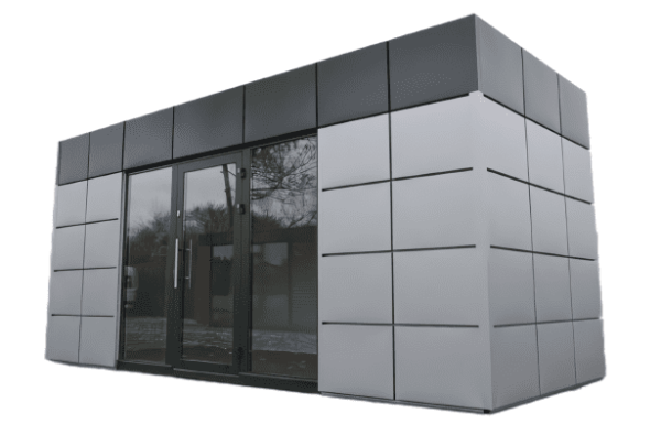 Wohncontainer Basic mit schlichter Fassade in Schwarz-Grau, Aluminiumtür und Glaselement – kompakte Modulbauweise für vielfältige Einsatzzwecke