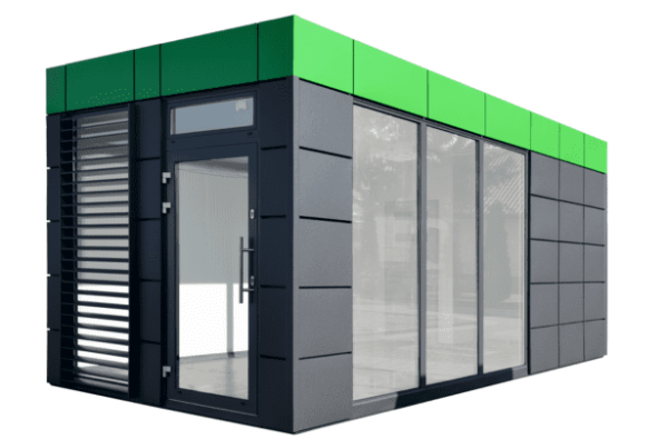 Moderner Wohncontainer mit großflächiger Glasfassade, dunklem Korpus und grünem Farbakzent – Modell „Green Line“