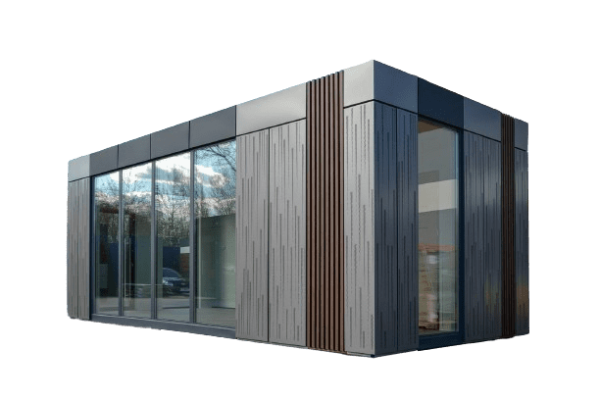 Moderner Wohncontainer Vision mit Glasfassade und Holzverkleidung