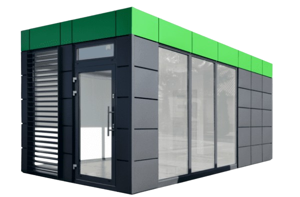 Freigestellter Wohncontainer Greenline mit grünem Dachband und modernen Glasflächen, ideal für nachhaltiges Wohnen