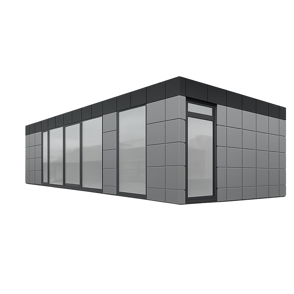 Moderner modularer Bürocontainer mit Glasfront und dunkler Fassadenverkleidung, freigestellt mit transparentem Hintergrund