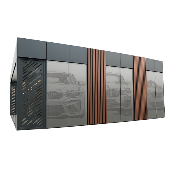 Mobiler Bürocontainer mit Fahrzeugdruck und Showroom-Design, freigestellt mit transparentem Hintergrund