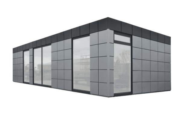 Freigestellte Containeranlage Basic mit moderner Glasfront, ideal für modulare Büro- oder Arbeitsflächen