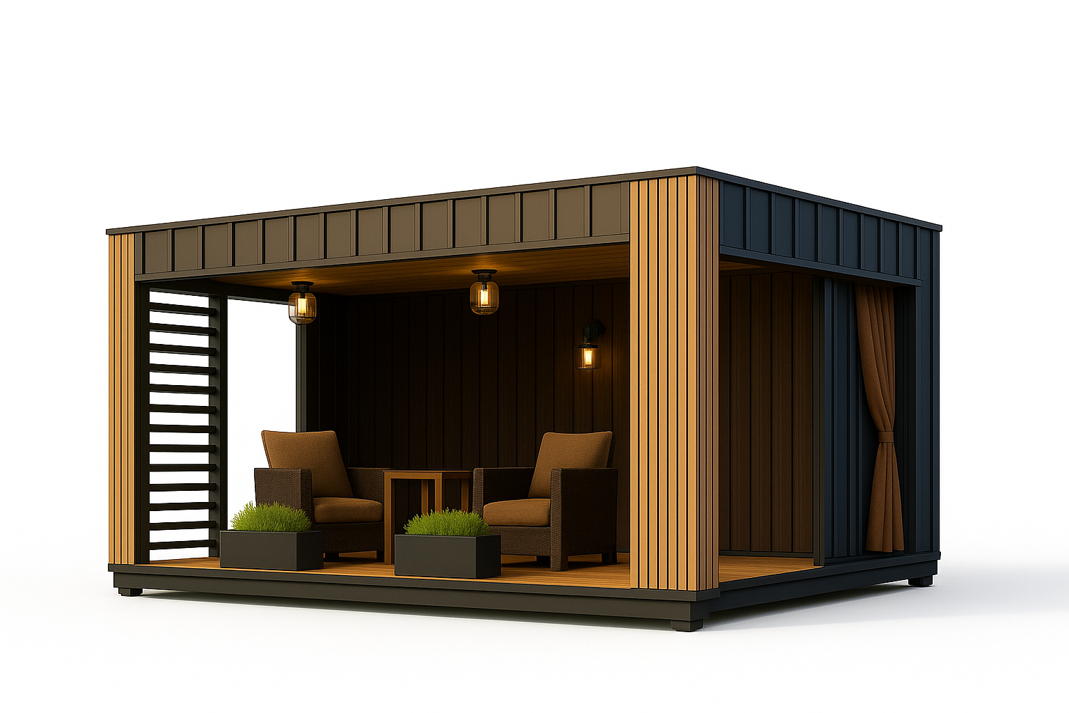 „Moderne freistehende Pergola aus Container mit Holzlamellen als stilvolle Terrassenüberdachung im Garten