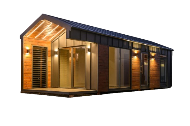 Freigestelltes Tiny House in eleganter Holzoptik mit moderner Fassadengestaltung und stilvoller Beleuchtung, ideal für nachhaltiges Wohnen