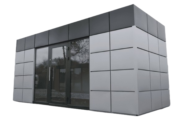 Freigestellter Wohncontainer Basic mit modernem Design und grauer Fassade, ideal für flexible Wohnlösungen