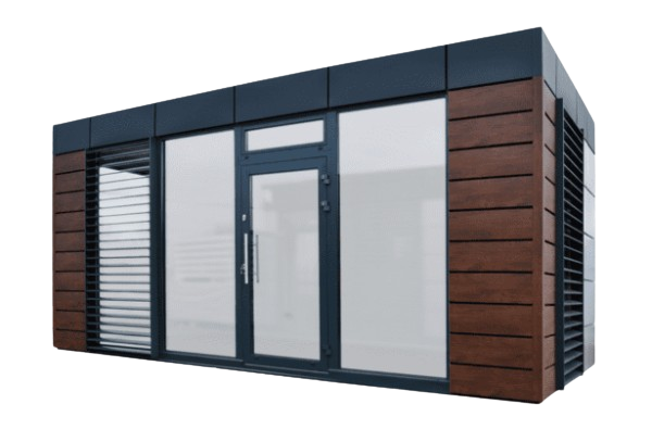 Freigestellter Wohncontainer Exclusive mit eleganter Holzoptik und großen Glasfronten, ideal für exklusives Wohnen oder Präsentationen