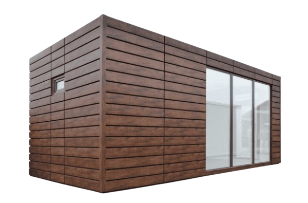 Freigestellter Wohncontainer mit moderner Holzoptik und Glasfront, ideal für nachhaltige Wohn- und Büroprojekte
