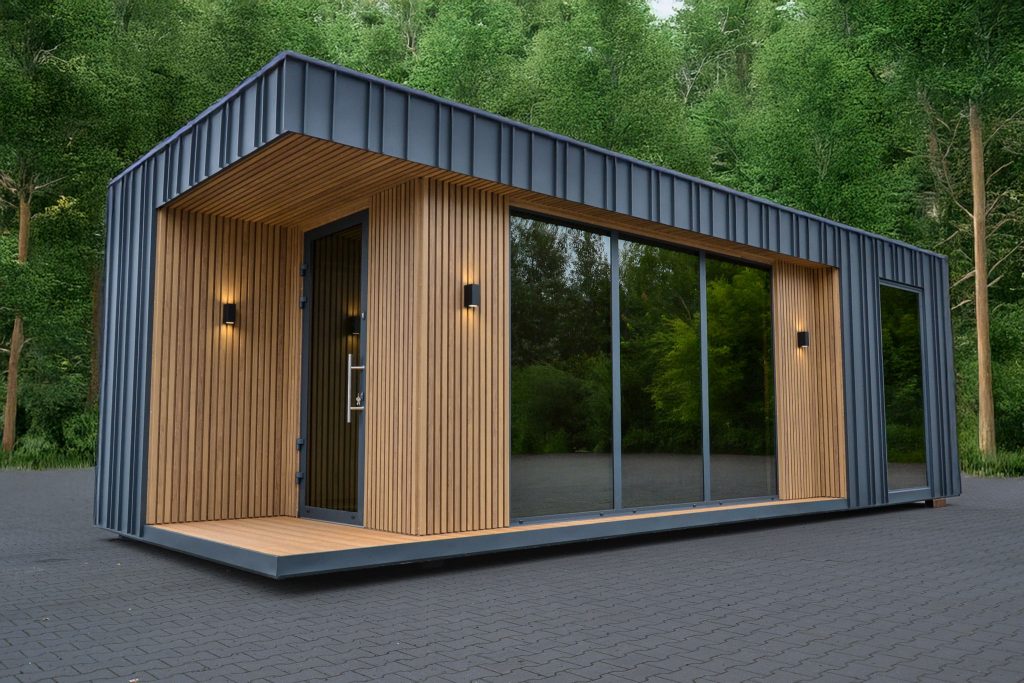 Moderner Wohncontainer Nordlicht mit Holzverkleidung, überdachtem Eingangsbereich und großen Glasflächen – ideal für Wohnen oder Arbeiten im Grünen.